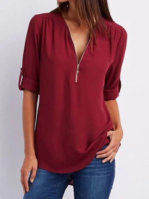 Women's Chiffon Half Sleeve Zipper Solid V neck High Low Plus Size Blouse