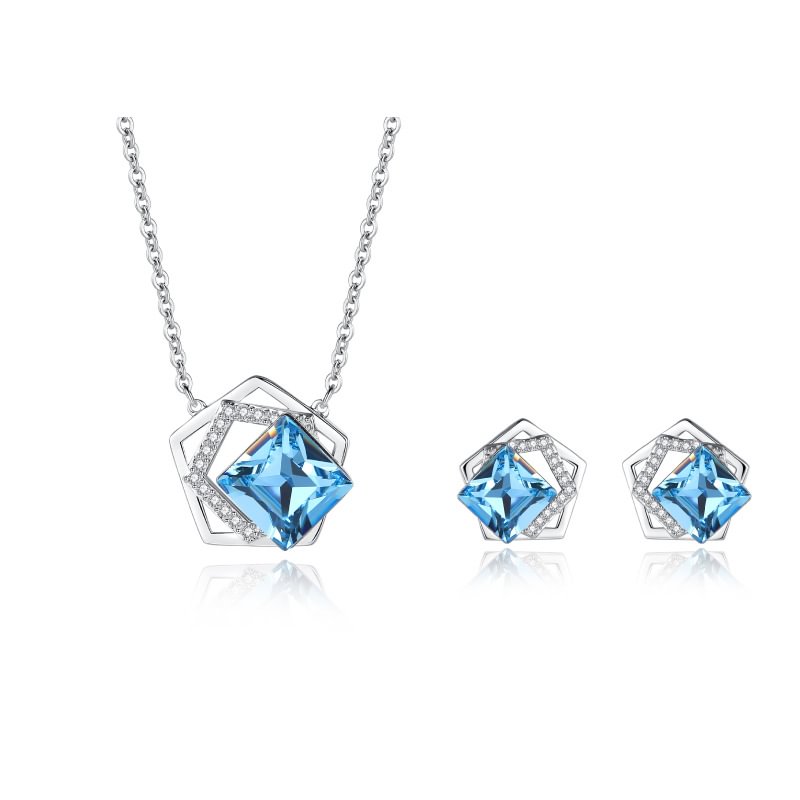 Silver Geometric Blue Crystal Necklace (Set)