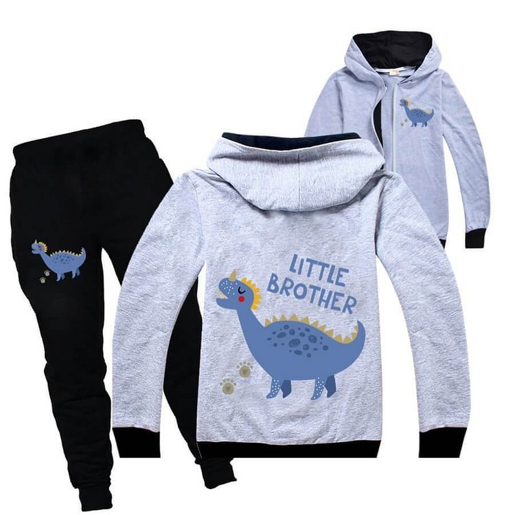 Mayoulove Little Brother Dinosaur Print Girls Boys Zip Up Cotton Hoodie N Pants-Mayoulove