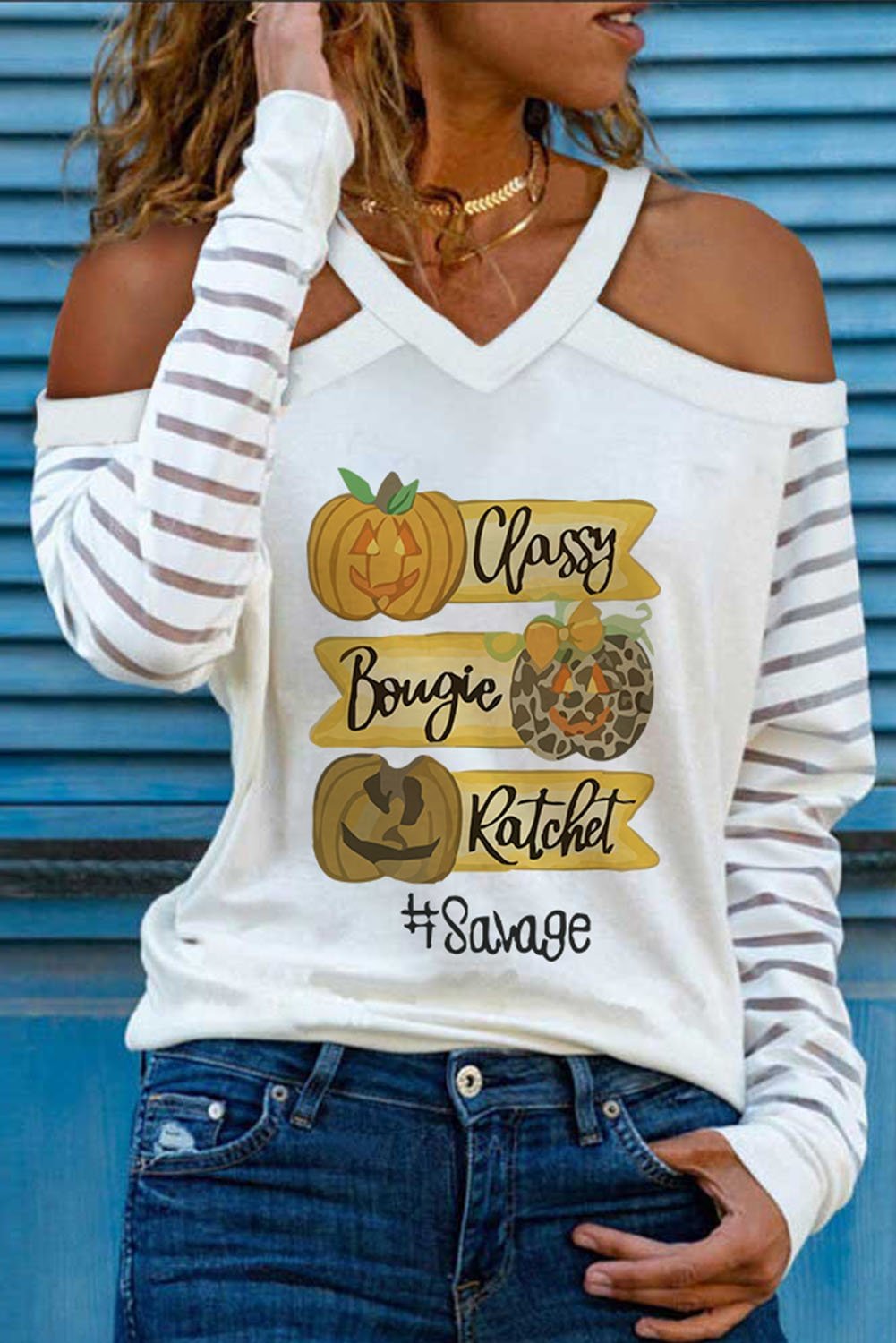 Women's T-shirts Pumpkin Print Cold Shoulder T-shirt