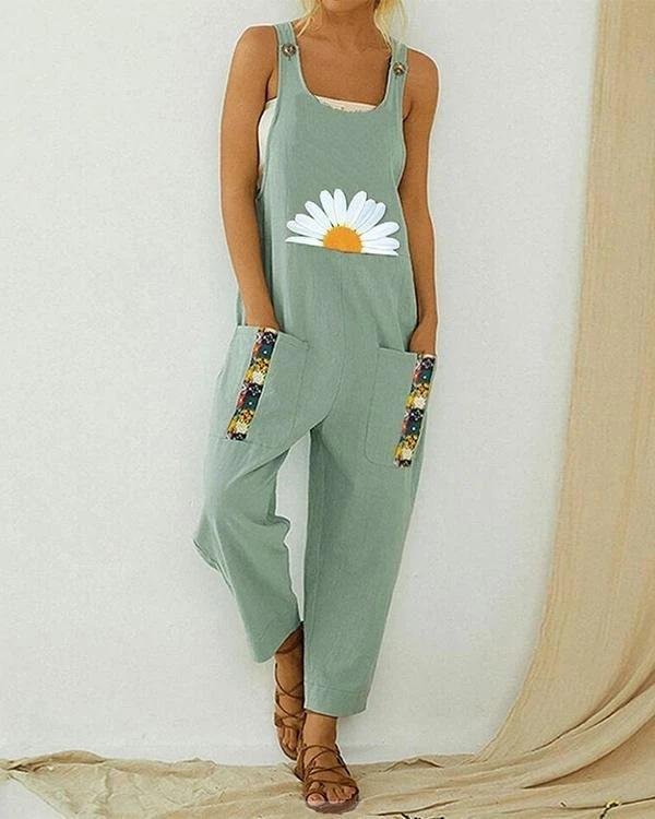 Casual outdoor daisy patterns green jumpsuits