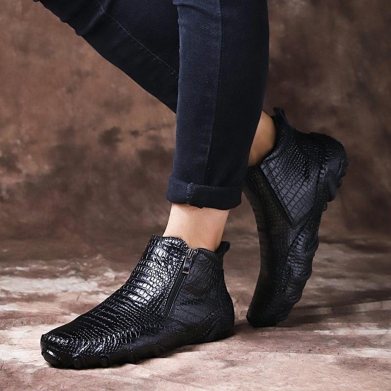 Men's Genuine Leather Flats Boots Zipper Ankle Shoes-Corachic