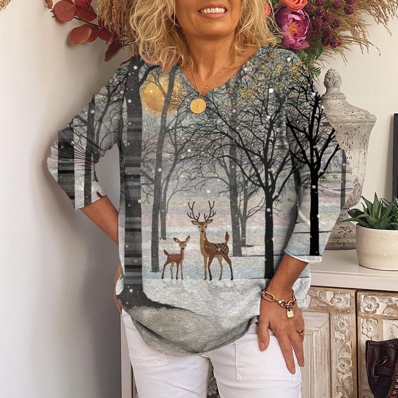 Sika Deer Printed Casual Comfortable V-neck T-shirt