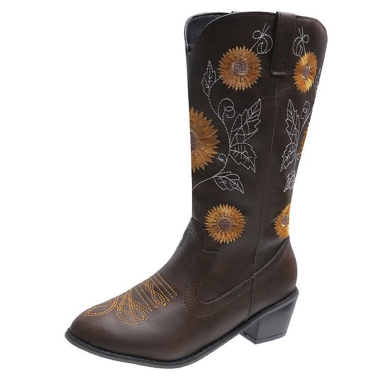 Women's pointed mid-heel embroidered sunflower plus size women's boots