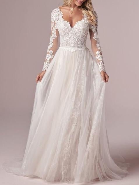 A-line backless lace wedding dress