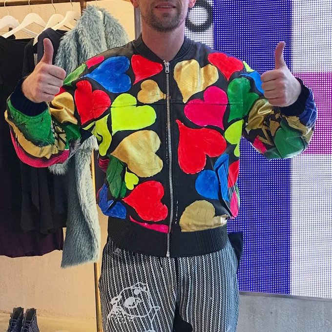 BrosWear Fashion Colorful Heart Print Baseball Jacket
