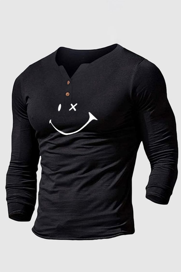BrosWear Henley Collar Solid Color Smiley Long Sleeve T-Shirt