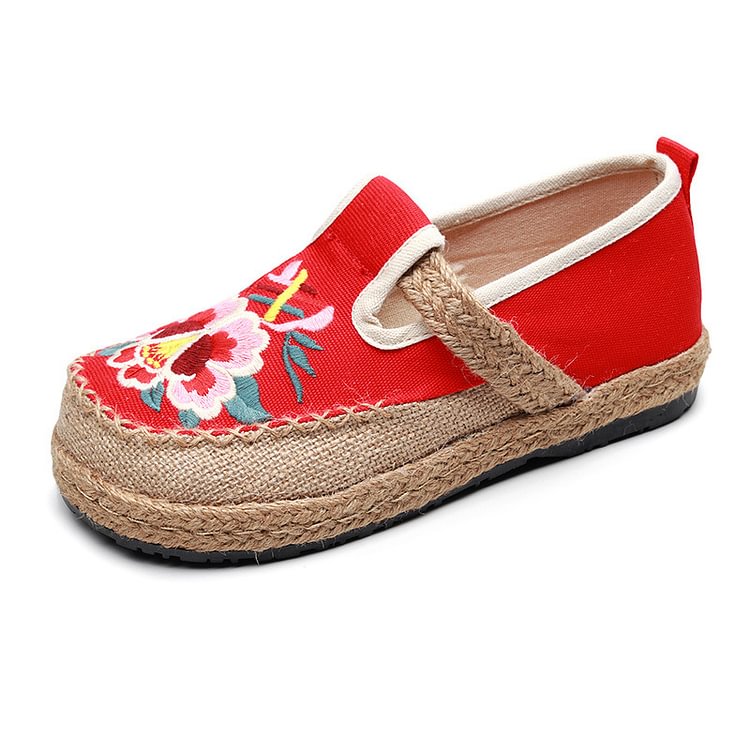Women's Handmade Linen Cotton Loafers Espadrilles Flower Embroidered Casual Flat Platform Shoes