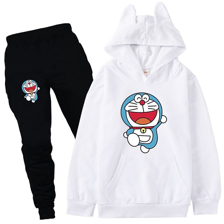 Mayoulove Doraemon Print Girls Boys Cotton Hooded Sweatshirt Pants Set Sportsuit-Mayoulove