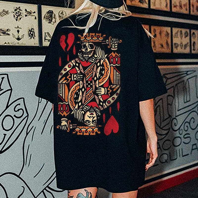Poker King And Skeleton Print Casual Women’s T-shirt - Krazyskull