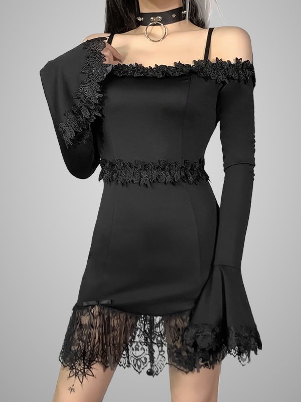 Statement Lace Paneled Long Bell Sleeve Off The Shoulder Bodycon Dress