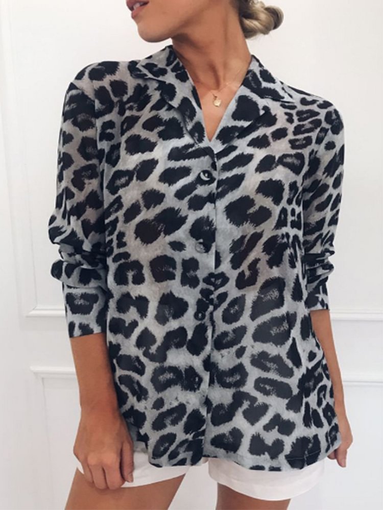 Women's Lapel V Neck Long Sleeve Plus Size Slim Fit Pantherine Casual Shirt