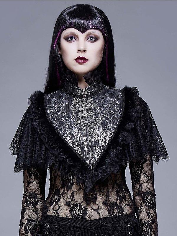 Gothic Black and Silver Eyelash Lace Jacquard High Collar Women Triangular Shawl