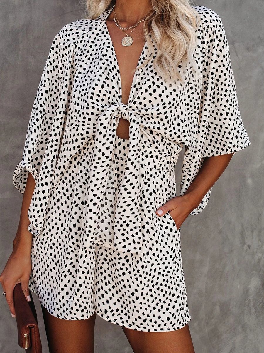 V-neck Leopard Print Batwing Sleeve Knotted Romper P16254