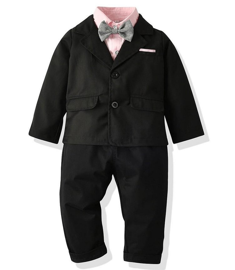 Boys Dressy Outfit Suit Pink Shirt Black Blazer And Suspender Pants-Mayoulove