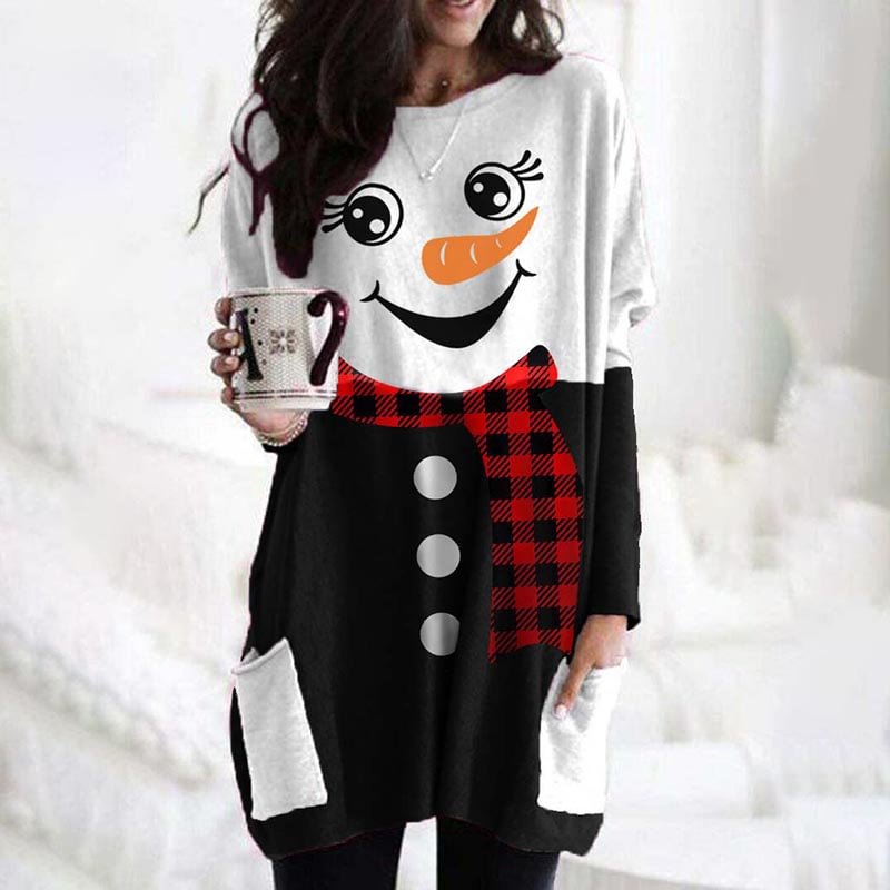 Cute Snowman Christmas Style Plaid Print Long T-shirt