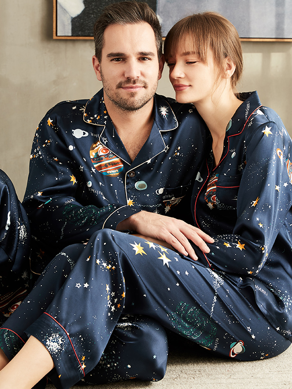 Pyjama classique en soie imprimé complé à manches longues pour couple-Soie Plus