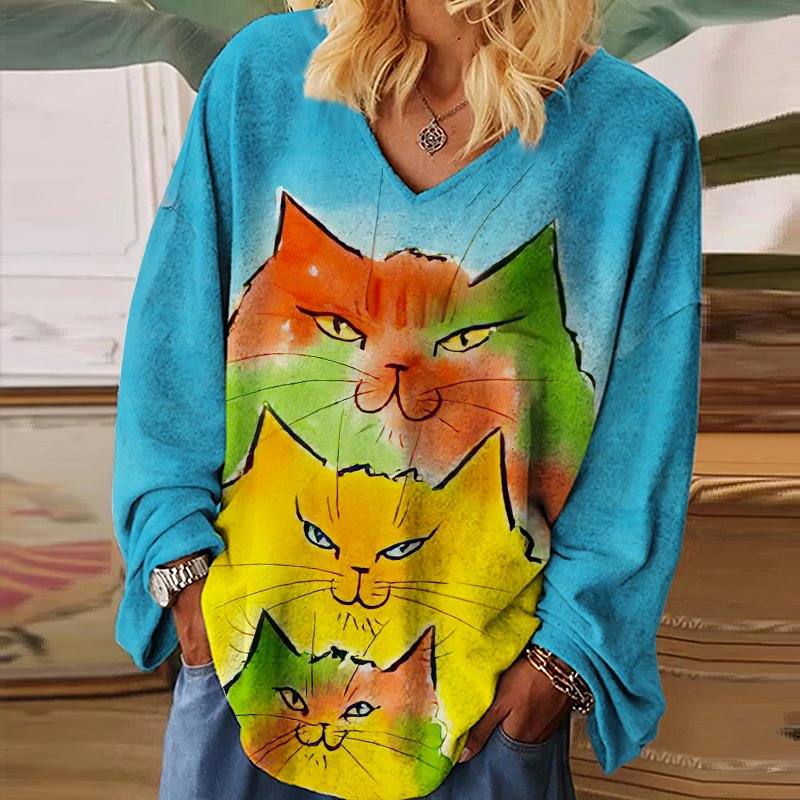 Womens Fashion Cute Cats Prrint Casual Blouse
