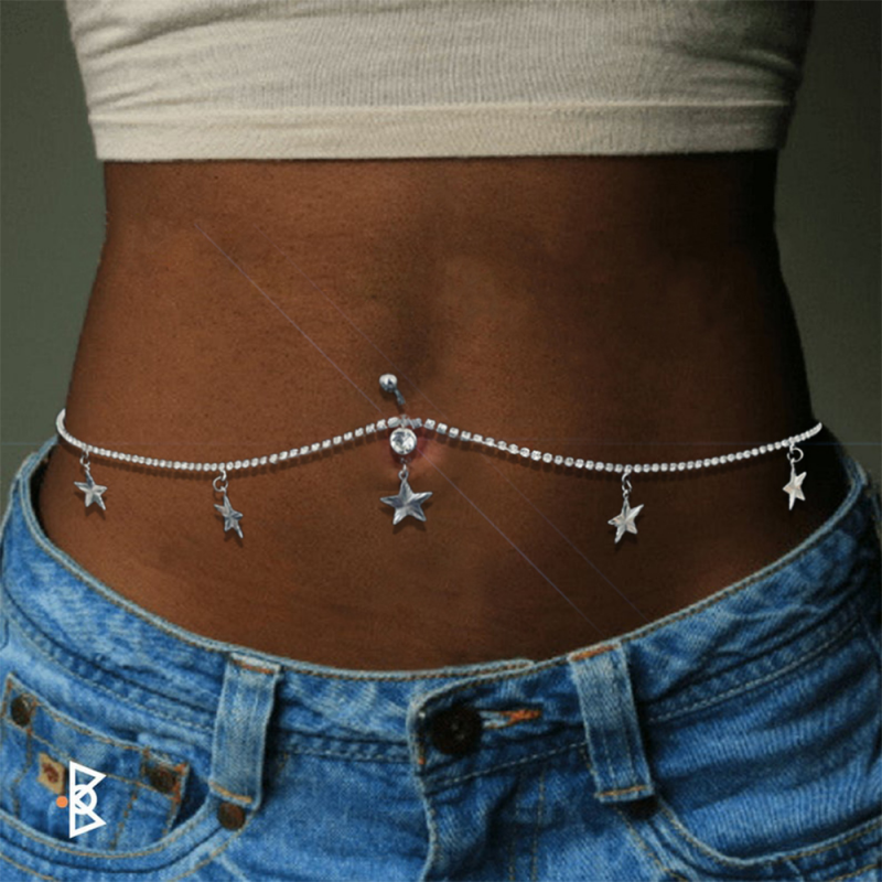 Rhinestone Star Sexy Waist Chain Navel Piercing Chain Ring Body Jewelry-VESSFUL