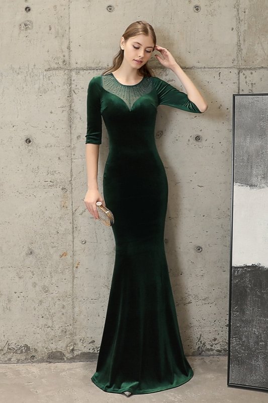 green velvet half sleeve mermaid long prom dress