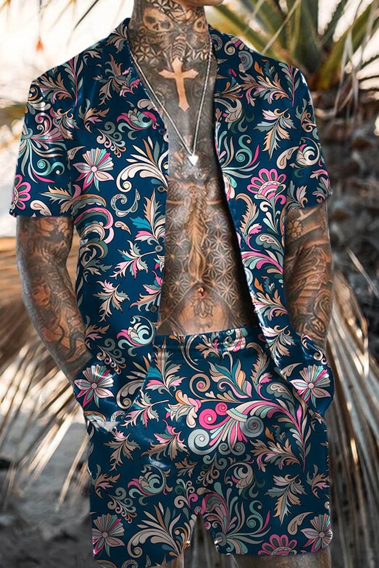 Tiboyz Hawaiian Floral Outfits Short Sleeve Shirt Set