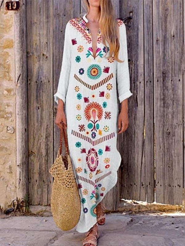 Ladies fashion V-neck printed long sleeve cotton and linen dress-Mayoulove