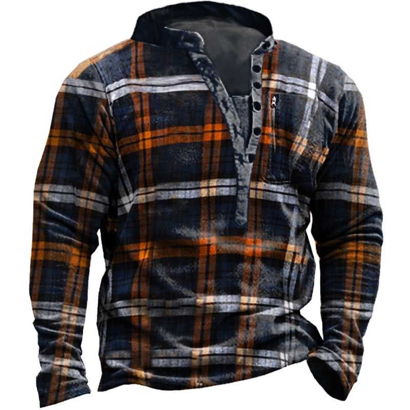 Men's Outdoor Retro Plaid Polar Fleece Henley Collar Sweatshirt / [viawink] /