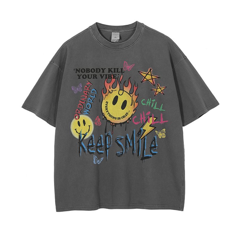 2022 Men's Smiling Face Graffiti Wash Water To Make Old Printed T-shirt / Techwear Club / Techwear