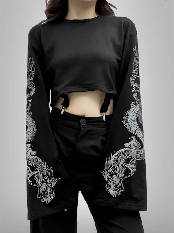 Dragon Printed Long Sleeve Black Top Crop Hoodie