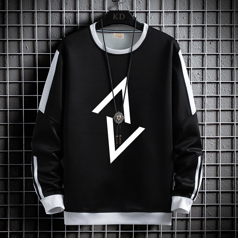 Black /  White Round Neck Contrast Color Patchwork Painted Pattern Pullover Sweatshirts