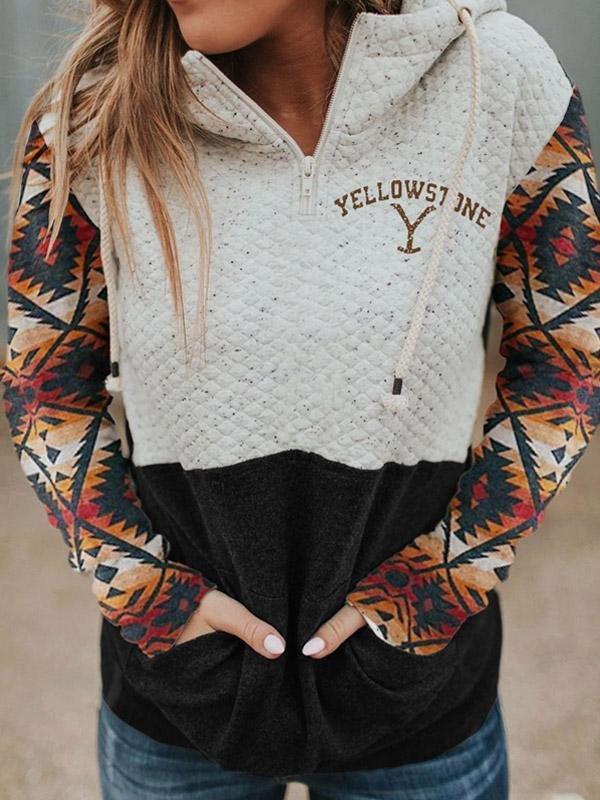 Women's Western Print Hood Collar Colorblock Pocket Sweatshirt