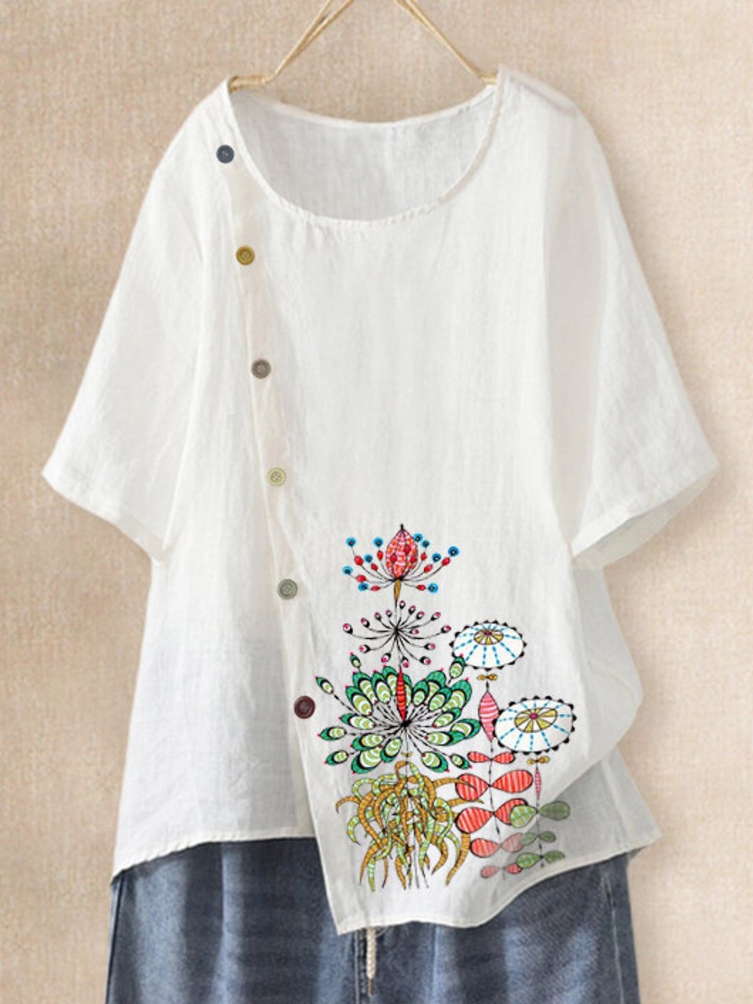 White Floral-Print Round Neck Shirts & Tops-Corachic
