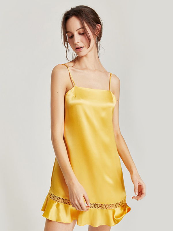 Yellow Horizontal Neck Silk Nightgown-Real Silk Life