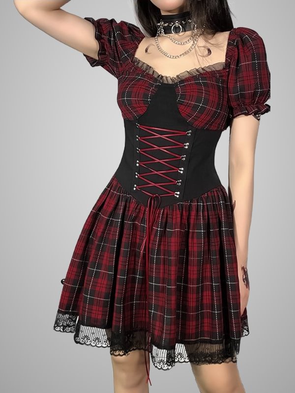 Gothic Dark Style Lace Piping Plaid Paneled A-line Dress