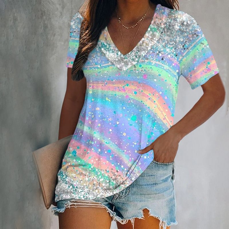 Rainbow Sequin Print Casual V-Neck T-Shirt