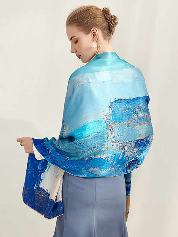 Blue Silk Scarf Satin Abstract Painting Style