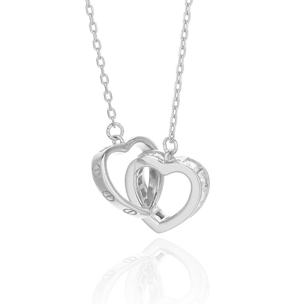 Double Ring Heart Silver Pendant Necklace