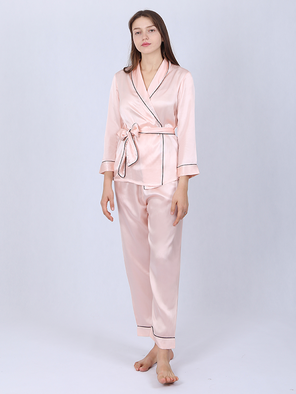 Luxurious Pink Contrasting Pipe Silk Pajama Set