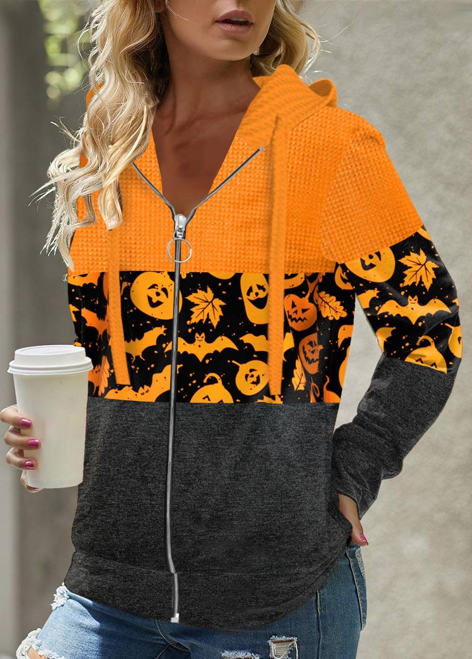 Halloween Pumpkin Printed Zipper Women's Hoodie