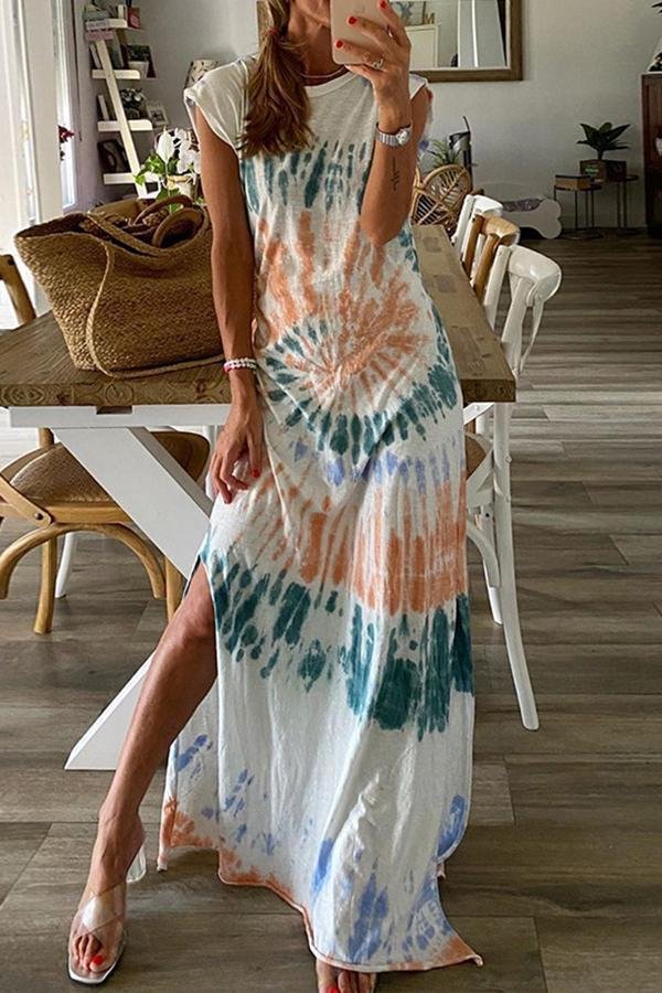 Womens Printed Slit Loose Irregular Dress-Allyzone-Allyzone