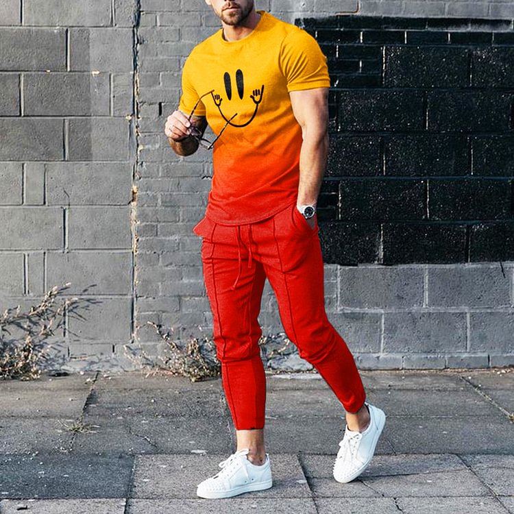 BrosWear Red And Yellow Gradient T-Shirt And Pants Two Piece Set
