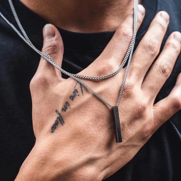 Black Silver Rectangle Pendant Necklace For Men