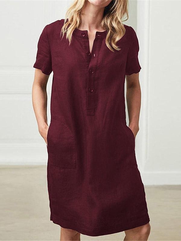 Women's Loose Oversized Button Cotton Linen Short Sleeve Dress-Mayoulove