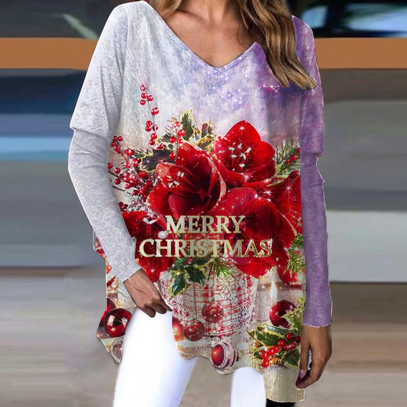 Red Flower Merry Christmas Printed Casual Loose T-shirt