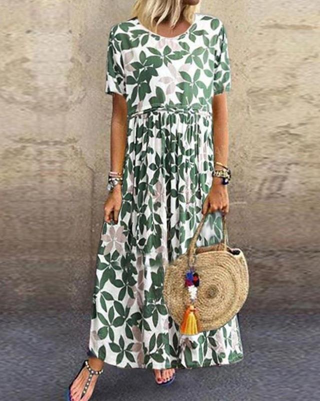 Women's Swing Dress Maxi long Dress Short Sleeve Floral Leaf Print Summer Hot Casual Mumu Green S M L XL XXL-Corachic