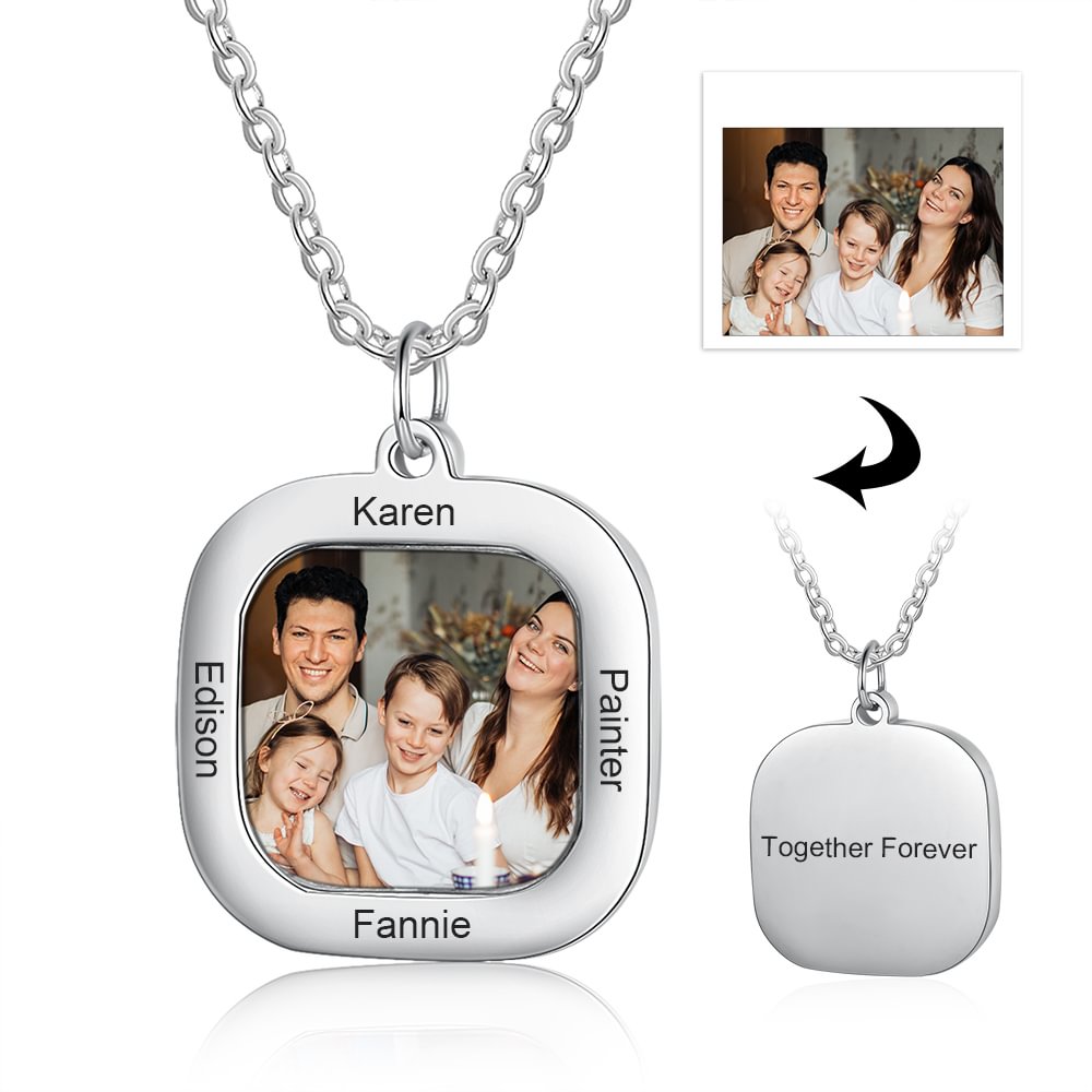 Custom Picture Necklace Square Pendant Engraved with 4 Name and Text