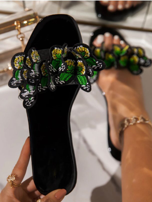 Women's Butterfly Embroidery Strap Slide Sandals Summer Flat Sandals