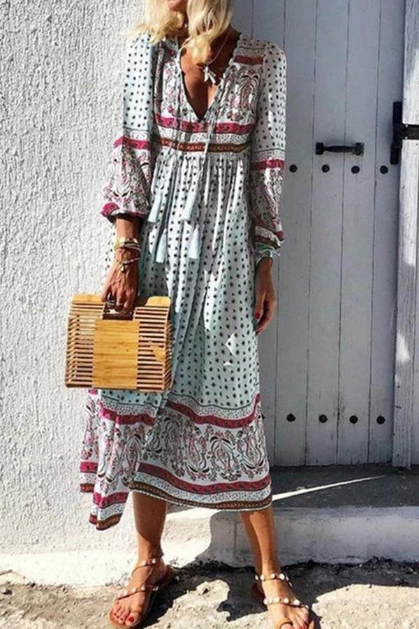 Womens Ethnic Style Printed V-neck Dress-Allyzone-Allyzone