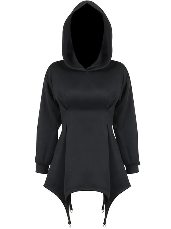 Black D-rings Decoration Asymmetrical Hoodie Dress