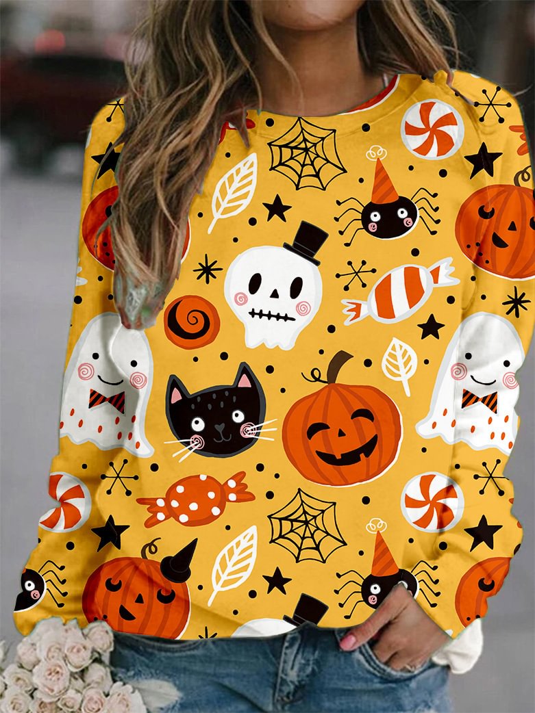 Cute Pumpkin Ghost Cat Candy Printed Women's Halloween Sweatshirt